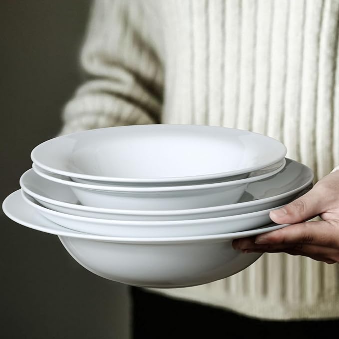 Pasta & Salad Bowls - 40oz White Ceramic Soup Plates - Set of 4, Large Pasta Plates, Wide Rimmed, Microwave & Dishwasher Safe
