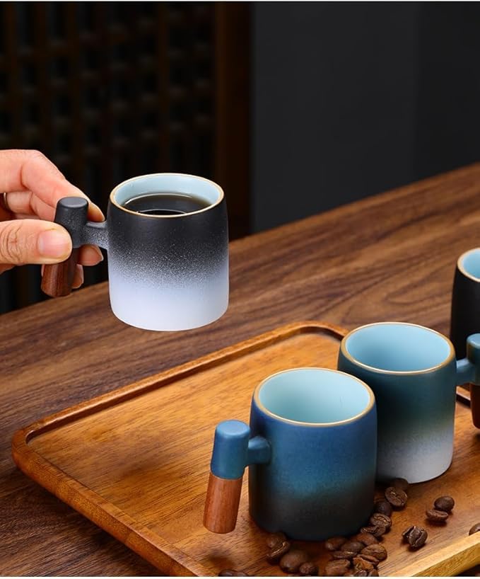 2-Oz Ceramic Espresso Cups with Wood Handle, 2/4-Piece Set for Coffee, Tea, Latte - Dishwasher Safe, Multi-Color & Wood Styles, Gift & Café Use (black white, Wooden Handle2)