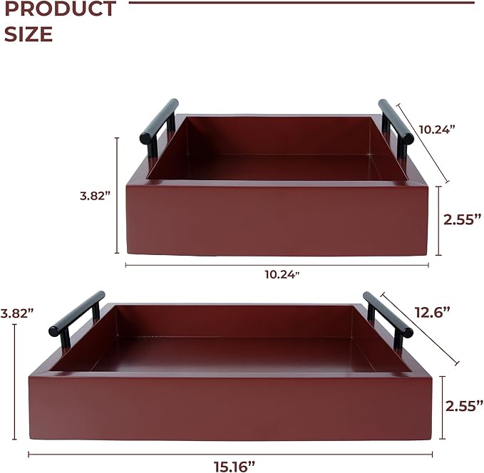 Set of 2 Serving Tray with Handles - for Coffee Table, Breakfast, Dinner Kitchen Living Room Bedroom, Home Decor for All Occasions, Red, Size S+M