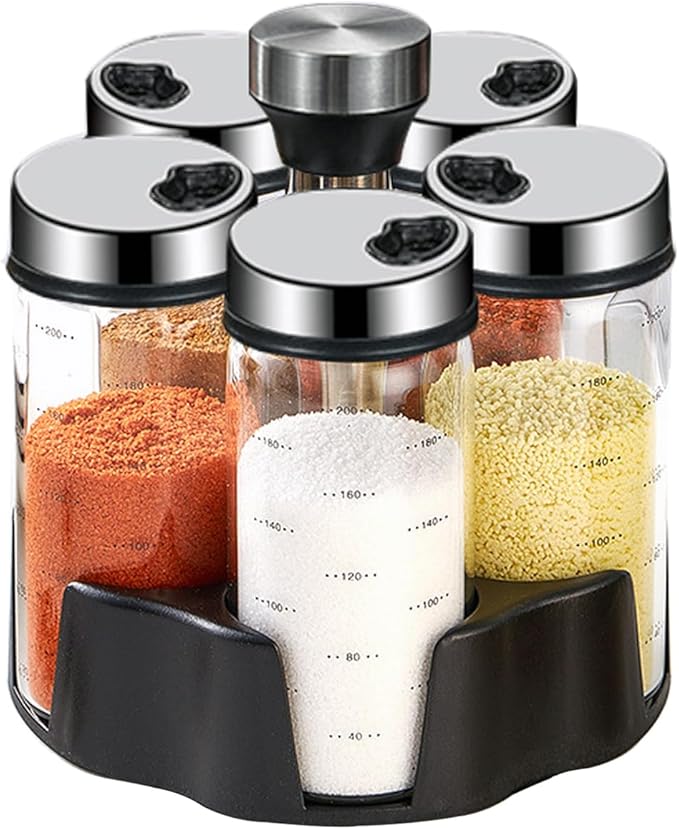 TINMIX Revolving Spice Rack Organizer, Rotating Seasoning Holder Shelf with 5 Large 200ml Glass Jars for Kitchen Countertop Cabinet