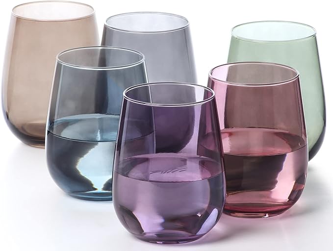 LAV Multicolor Stemless Wine Glasses Set of 6 - Drinking Cups 16 oz - Multicolor Glass Wine Tumblers - Colorful Glass Cups for Families - Drinking Glasses for Water, Juice, Beverages