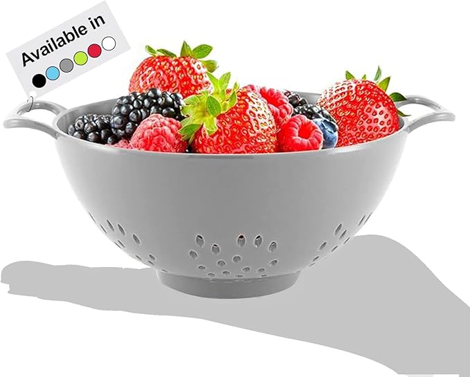 Meadow Lane 6-inch Small Colander, BPA-Free, Dishwasher Safe, Double Handles, Compact Food Strainer for Berries, Veggies and Pasta, 3-Cup Capacity, Silver Gray