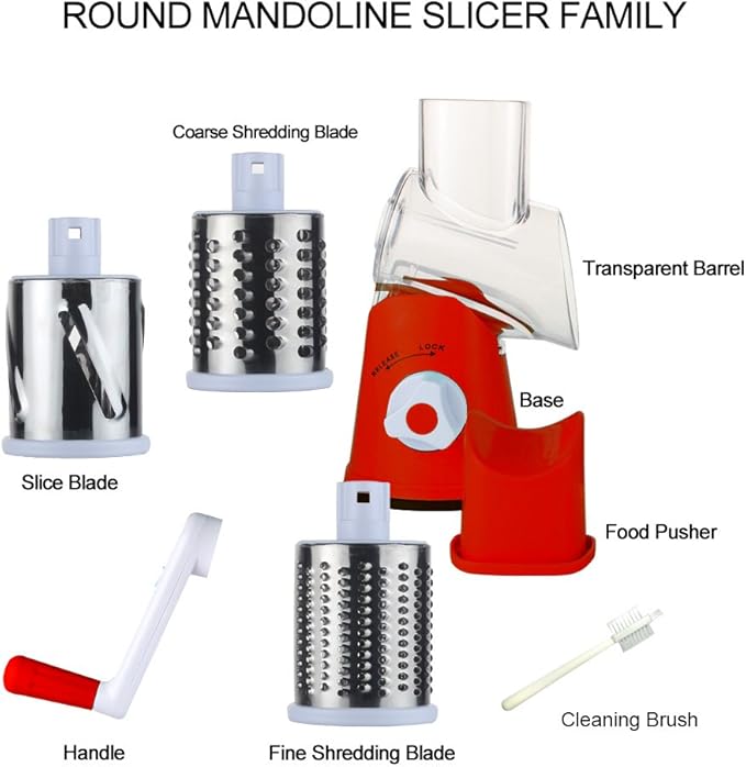 Cambom Rotary Cheese Grater Hand Crank Cheese Shredder for Fresh Cheese, Vegetable, Nuts,Non-slip Suction Base, Free Cleaning Brush Three Blades, Red