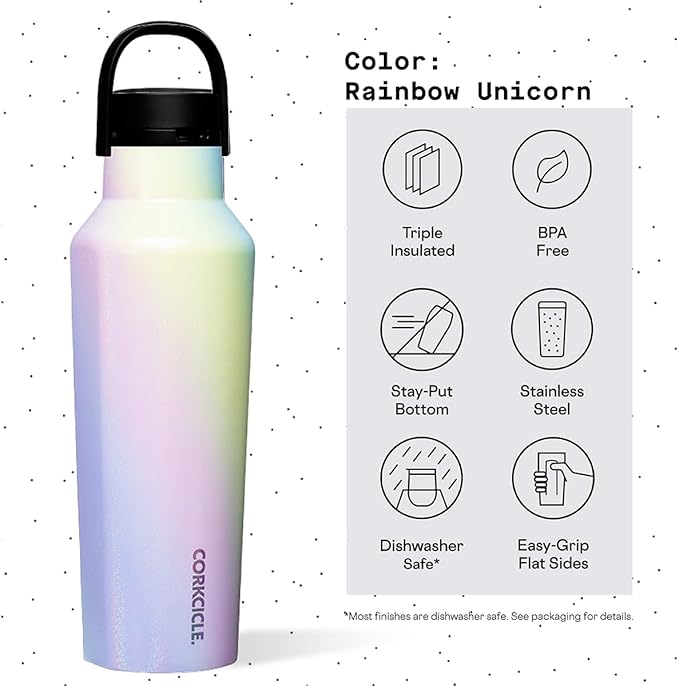 Corkcicle Sport Canteen Insulated Tumbler, Rainbow Unicorn, 20 oz – Reusable Water Bottle Keeps Beverages Cold for 25 Hours & Hot 12 Hours – Cupholder Friendly Tumbler with Screw-On Cap