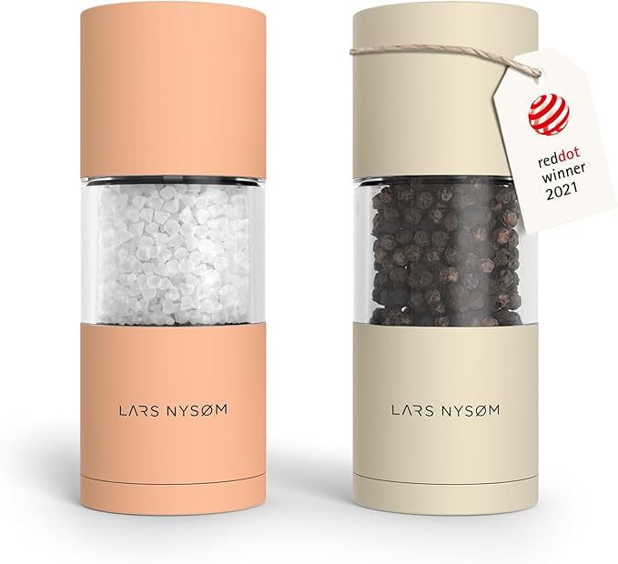 LARS NYSØM Salt and Pepper Grinder Set I Salt and Pepper Mills with Adjustable Ceramic Grinder 2 pieces I Manual Design Spice Mill Set (Peach/Beige)