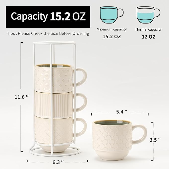 JIEMEI HOME Large Ceramic Coffee Mug Set of 4 with Stand, 15 Oz Stackable Different Embossment Ribbed Latte Cup Set for Cappuccino, Tea, Hot Cocoa, Drinks - Dishwasher & Microwave Safe, White & Green