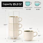 JIEMEI HOME Large Ceramic Coffee Mug Set of 4 with Stand, 15 Oz Stackable Different Embossment Ribbed Latte Cup Set for Cappuccino, Tea, Hot Cocoa, Drinks - Dishwasher & Microwave Safe, White & Green