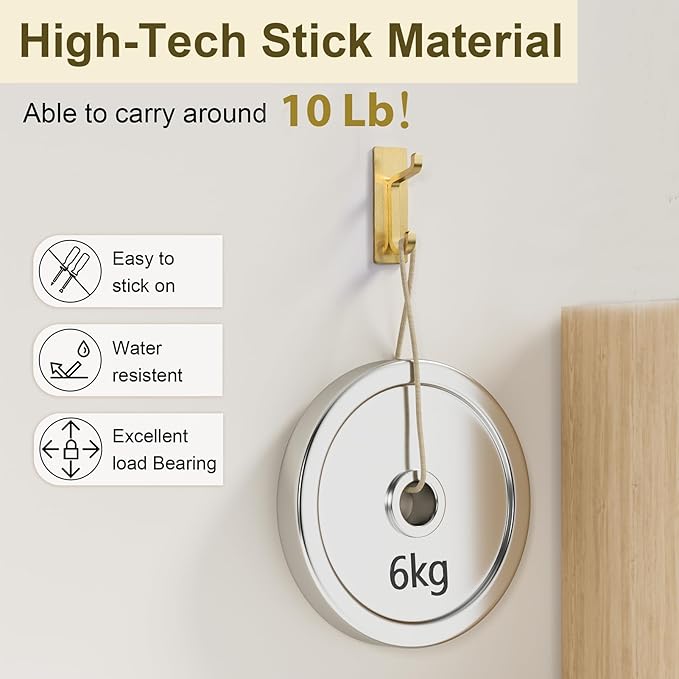 Self Adhesive Wall Hooks for Hanging: Extra Strong 13 LB, Hook for Coat, Towel in Bathrooms, Shower, Kitchen, Wall, Door Hook, Gold 12 Pack