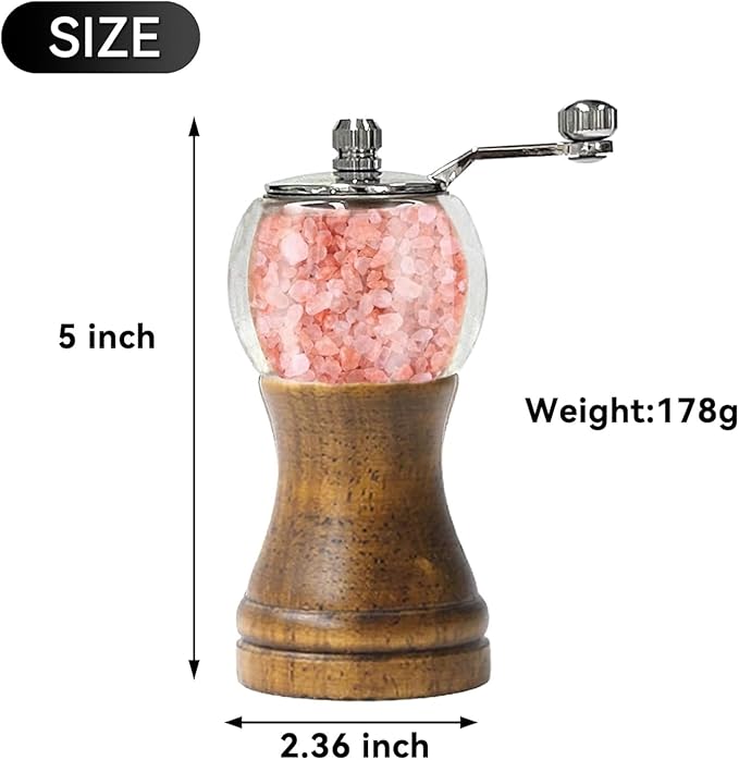 Pepper Mill Classical Roast Black Manual Wood Pepper Grinder Set, Zinc Alloy Handle Shakers Adjustable Coarseness Retro Style Wood Salt & Pepper Mill Sets，Enjoy Fresh Pepper (2pcs-5in)