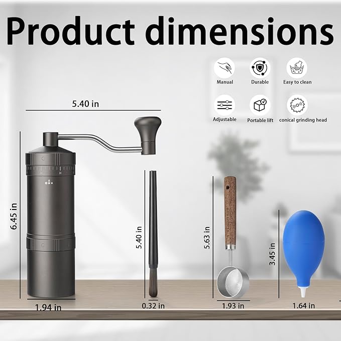 Manual Coffee Grinder with 7 Star Stainless Steel Conical Burr, Portable Coffee Grinder with External Adjustable Grind Setting (Grey)