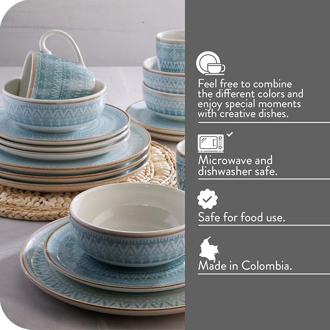 "Corona Dinnerware Set 16– piece, Plates Bowls and Mugs Set, Ceramic Sets for 4, Microwave and Dishwasher Safe, Congo Etnic Design