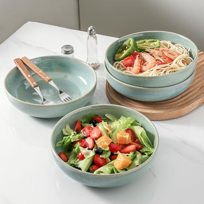 HVH 8.5 inch Large Pasta Bowls Set of 4, 46oz Big Salad Bowl Set of 4, Shallow Bowls, Dinner Bowls Set, Ceramic Bowls Set Microwave and Dishwasher Safe, Smooth glaze (Turquoise)