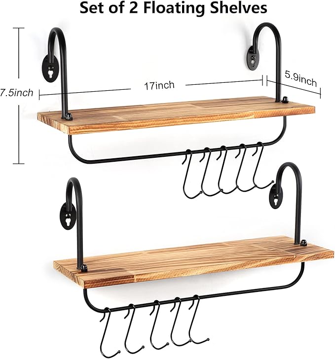 Olakee Floating Wall Shelves for Kitchen Bathroom Coffee Nook with 10 Adjustable Hooks for Mugs Cooking Utensils or Towel Rustic Storage Shelves Set of 2/17x5.9 inch (Carbonized Black)