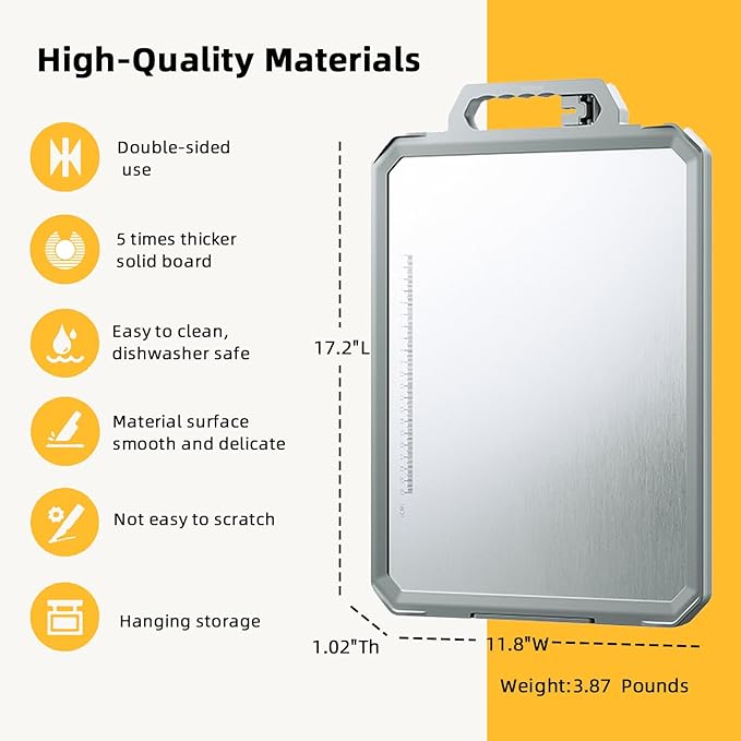 Extra Large Stainless Steel Cutting Board - Double Sided with Hidden Whetstone | Rust-Proof, Knife-Friendly Surface, BPA Free, Thickened & Non Slip | Dishwasher Safe 17x12 Inch