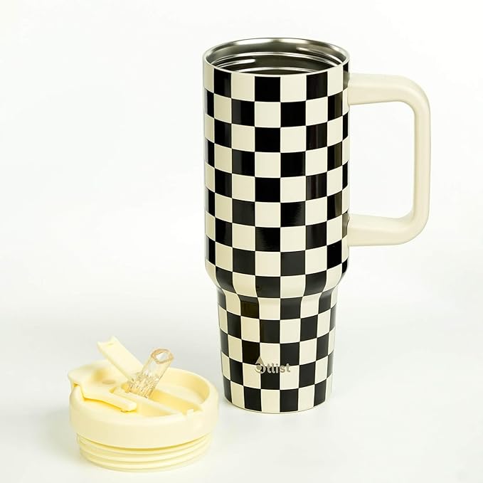 ProTour 100% Leakproof 40 oz Tumbler with Handle & 4-in-1 SipSwig Lid | Built-In Flip Straw & External Stainless Steel Straw | Insulated Stainless Steel Cup | BPA-Free | Black & White Checkered