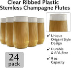 24 Pack Ribbed Ripple Stemless Toasting Glasses, Origami Durable 9 Oz BPA-Free Disposable Plastic Champagne Flutes for Weddings, Bars, Events, and Celebrations (Clear)