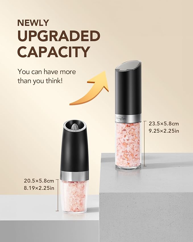Sangcon Gravity Electric Salt and Pepper Grinder Set with Dust Cover, XL CAPACITY, Battery Operated(4 AAA), Adjustable Coarseness, One Hand Automatic Salt and Pepper Shakers Set Mill with LED Light