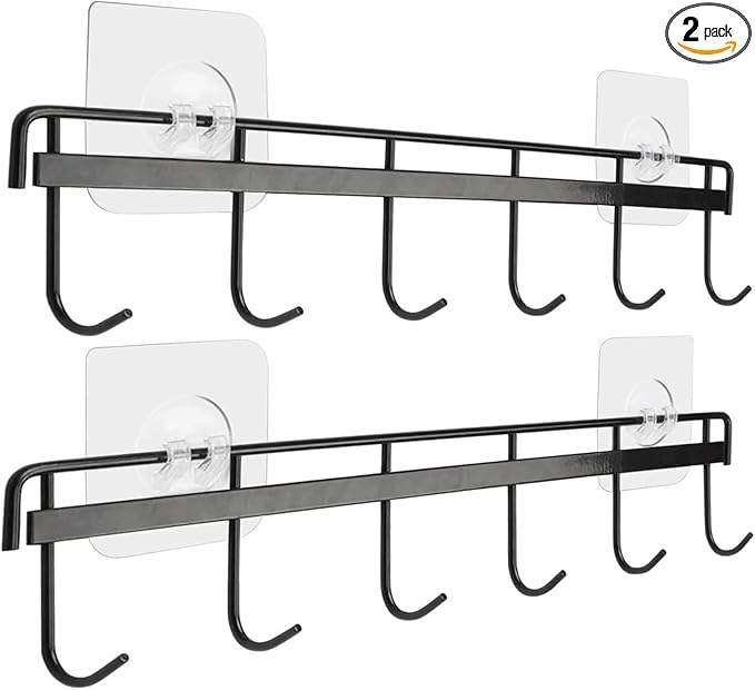 YiZhi Adhesive Wall Hooks Rack Kitchen Rail, Space Saving Utensil Holder No Drilling Wall Mounted Accessory Hanger with 6 Hooks for Kitchen Bathroom Bedroom Pack of 2 (Black)