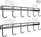YiZhi Adhesive Wall Hooks Rack Kitchen Rail, Space Saving Utensil Holder No Drilling Wall Mounted Accessory Hanger with 6 Hooks for Kitchen Bathroom Bedroom Pack of 2 (Black)