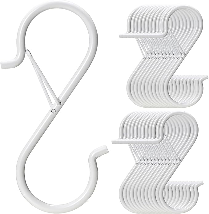 36 PCS S Hooks for Hanging with Safety Buckle, 3.5 inch Heavy Duty Metal S Shaped Hook for Kitchen Utensil, Cups, Pots, Plants, Bags, Hats (White)