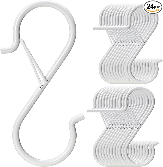 24 PCS S Hooks for Hanging with Safety Buckle, 3.5 inch Heavy Duty Metal S Shaped Hooks Stainless Steel for Hanging Kitchen Utensil, Cups, Pots, Plants, Bags, Hats (White)