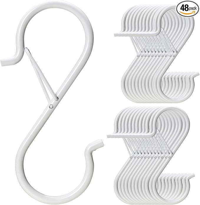 48 PCS S Hooks for Hanging with Safety Buckle, 3.5 inch Heavy Duty Metal S Shaped Hooks for Kitchen Utensil, Cups, Pots, Plants, Bags, Hats (White)
