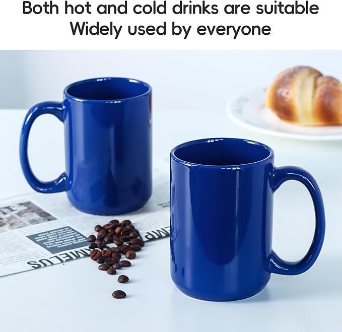 Smilatte 16 OZ Porcelain Coffee Mugs, Classic Blank Ceramic Cup with Large Handle for Tea Latte Cappuccino, Set of 4, Blue