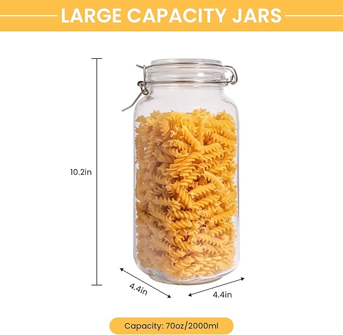 Glass Jars with Airtight Lid, Large Glass Food Storage Jars, 3 Pack Wide Mouth Airtight Glass Jars ffor Flour, Cereal, Coffee, Pasta and Canning(70OZ)
