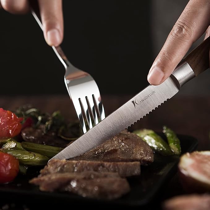 Natura Series 4.5” Serrated Steak Knife Set of 8, High Carbon Stainless Steel, Wooden Handle