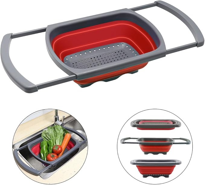 Qimh Colander Collapsible, Over The Sink Veggies/Fruit 6-Quart Strainers and Colanders with Extendable Handles, Folding Strainer for Kitchen