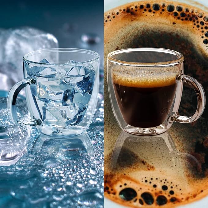 Double Wall Glass Coffee Mugs 5oz / 150ml, Set of 2 Insulated Mugs with Handles, Stylish Tazas de Cafe Con Estilo