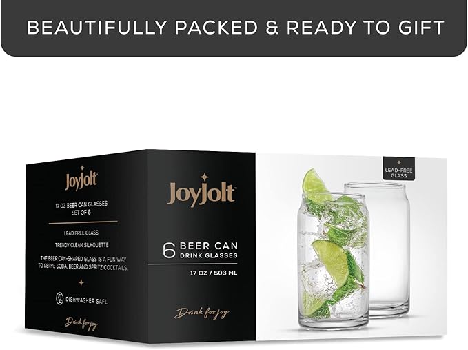 JoyJolt Drinking Glass Cups Set of 6-16oz Beer Can Glasses. Clear Soda Can Shaped Glass Cups, Cute Iced Coffee Cup Tumblers, Cold Drink Glassware, Unique Water, Tea, Cocktail Glass Set