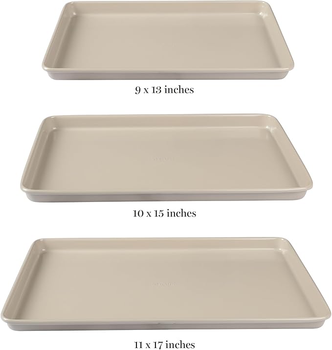 Martha Stewart Gallen 3-Piece Cookie Sheet Set – 13", 15", 17" Baking Pans, Ceramic Nonstick, PFA-Free, Carbon Steel – Oven Safe to 450°F, Warp-Resistant, Easy to Clean - Taupe