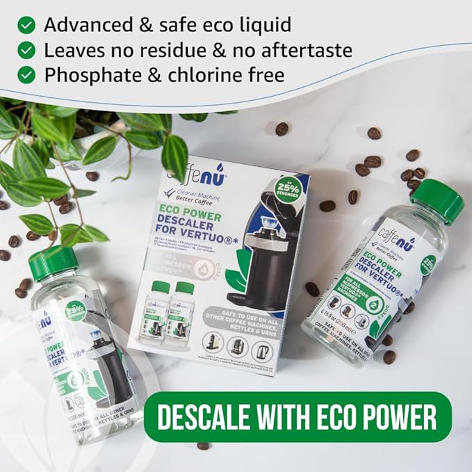 Nespresso Compatible Descaling Kit. 2 Bottles of Vertuo Descaler Solution. Removes Limescale For Hotter Coffee. 4 Uses Descaler For Nespresso Vertuo Coffee Machines.