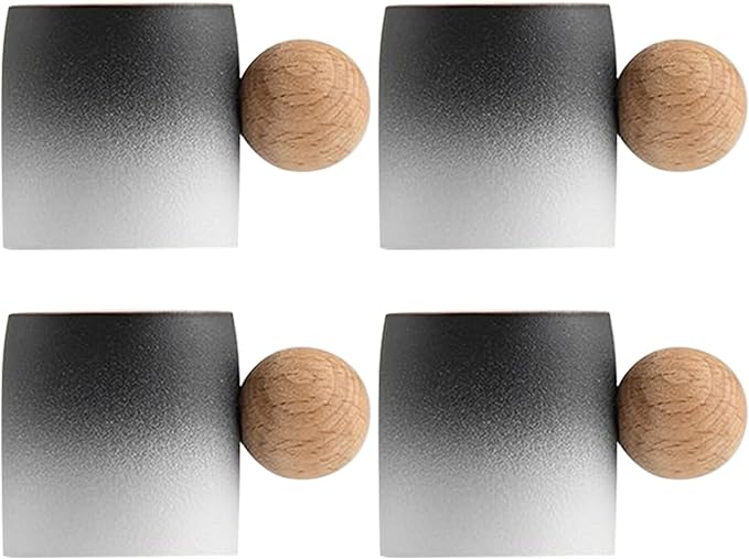 2-Oz Ceramic Espresso Cups with Wood Handle, 2/4-Piece Set for Coffee, Tea, Latte - Dishwasher Safe, Multi-Color & Wood Styles, Gift & Café Use (black white, Round Handle4)