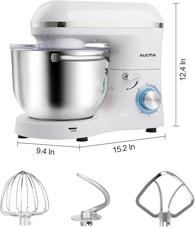 Aucma Stand Mixer,6.5-QT 660W 6-Speed Tilt-Head Food Mixer, Kitchen Electric Mixer with Dough Hook, Wire Whip & Beater (6.5QT, White)