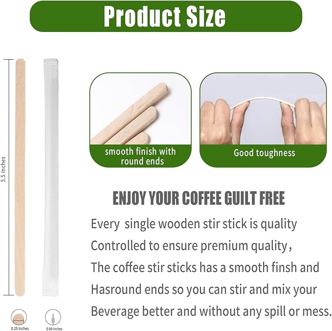 210PCS Wooden Coffee Stirrers, Individually Wrapped, Wooden Beverage Mixer, 5.5" Coffee Stir Sticks-Biodegradable Eco-Friendly Round End Disposable coffee stirrer, For Coffee, Cocktail, Hot Drinks
