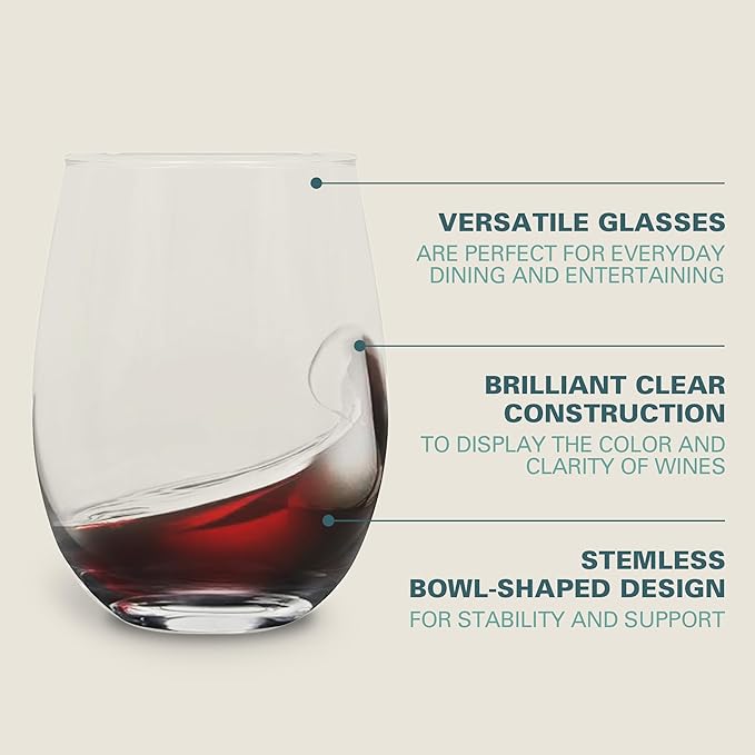 Gibson Home Bellini Glass 12 Piece All Purpose 18.5 oz Stemless Red, White, Water, Beverage Glasses/Tumbler - Set of 12 - Dishwasher Safe