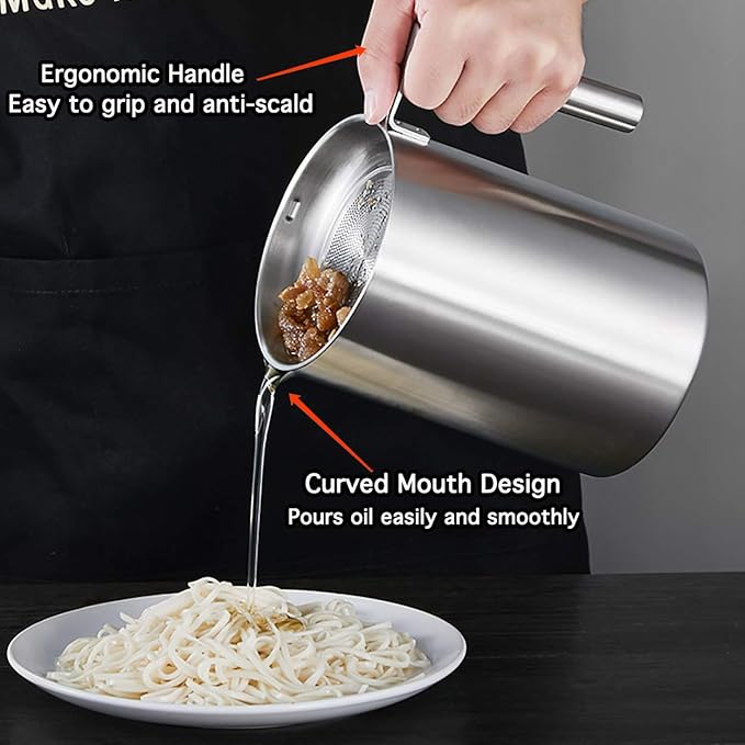Sumerflos 1.8 L/1.9 Quart Stainless Steel Grease Strainer and Container - Large Oil Storage Pot Grease Keeper with Dust-Proof Lid & Easy Grip Handle - for Bacon, Kitchen Cooking or Frying Oil