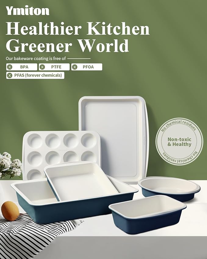 Ceramic Nonstick Baking Pans Set, Non Toxic 30 PCS Stackable Bakeware Sets, 550°F Oven Safe Baking Sheet & Pans, Warp-Free, Dishwasher Safe, PTFE/PFOA/PFOS-Free (Blue)