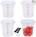Round Food Storage Container with Lid, 4 Qt Translucent, Commercial 4 Pack of – NSF Listed, BPA-Free, Polypropylene, Non-Stick, Scale, with Labels & Measuring Cups