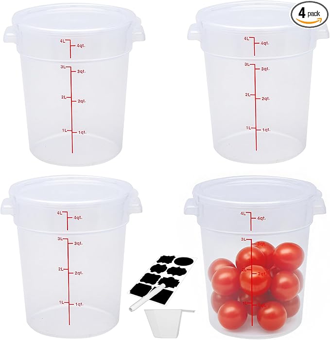 Round Food Storage Container with Lid, 4 Qt Translucent, Commercial 4 Pack of – NSF Listed, BPA-Free, Polypropylene, Non-Stick, Scale, with Labels & Measuring Cups