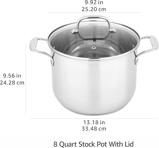 Amazon Basics Stainless Steel Stock Pot with Lid, 8 Quart, Even Heating, Easy to Clean, Silver