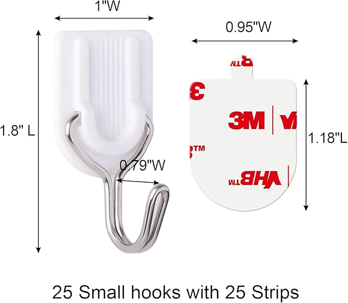 25 Wire Hooks for Hanging Heavy Duty with Strips no Damage,Adhesive Wall Hook Small, removalbe Large Sticky Bulk, for Key, Coat, Towel, Outdoor, hat