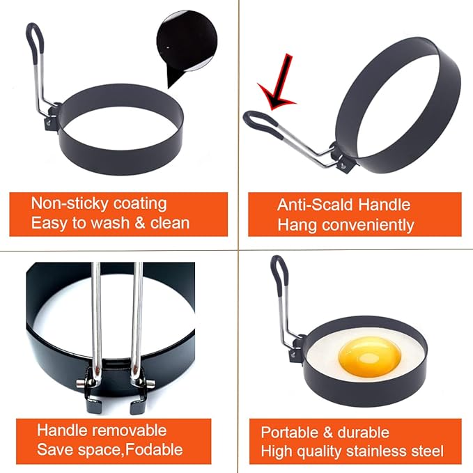 Egg Ring,4 Packs Upgrade Large 4" Egg Rings for Griddle Frying Egg,Non-stick Stainless Steel 4 Inch Griddle Egg Ring Round Egg Cooker Pancake Ring Cooking Ring for Muffin with Oil Brush Egg Separator