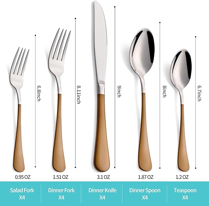 20-Piece Brown Silverware Set for 4, 18/0 Stainless Steel Flatware Cutlery Utensils Set, Include Dinner Knives,Dinner Forks,Dinner Spoons,Salad Forks,Teaspoons,Dishwasher Safe
