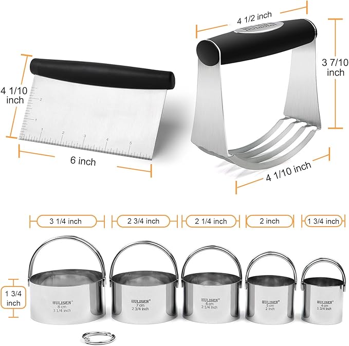 HULISEN Stainless Steel Biscuit Cutter Set, Silicone Mat, Pastry Scraper and Dough Blender, Sturdy & Long-Lasting with Ergonomic Rubber Grip, Professional Baking Dough Tools, Gift Package (4 Pcs/Set)