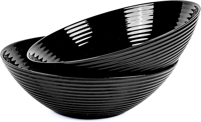 54 OZ Salad Bowl Set of 2, Opal Glass 9.5 inch Serving Dishes for Salad, Fruit, Kitchen Microwave & Dishwasher Safe, Black