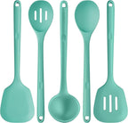 600ºF Heat Resistant Kitchen Utensil: U-Taste 13.6" Extra Long Silicone Cooking Tools Set, Food-Grade Non-Stick Solid and Slotted Turner Spatula, Mixing Spoon, and Soup Ladle (5 Pieces, Aqua Sky)
