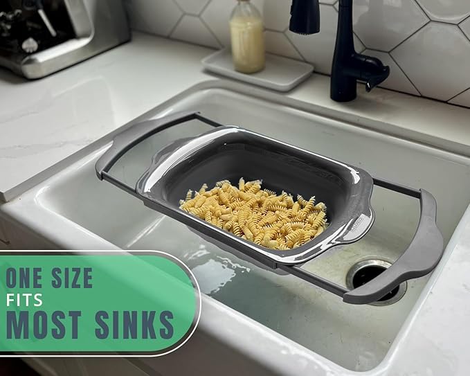 Sleek Black Over-The-Sink (OTS) Colander with Convenient Handles - Space-Saving Kitchen Strainer for Pasta, Vegetables, and Fruits - Elevate Your Kitchen Organization